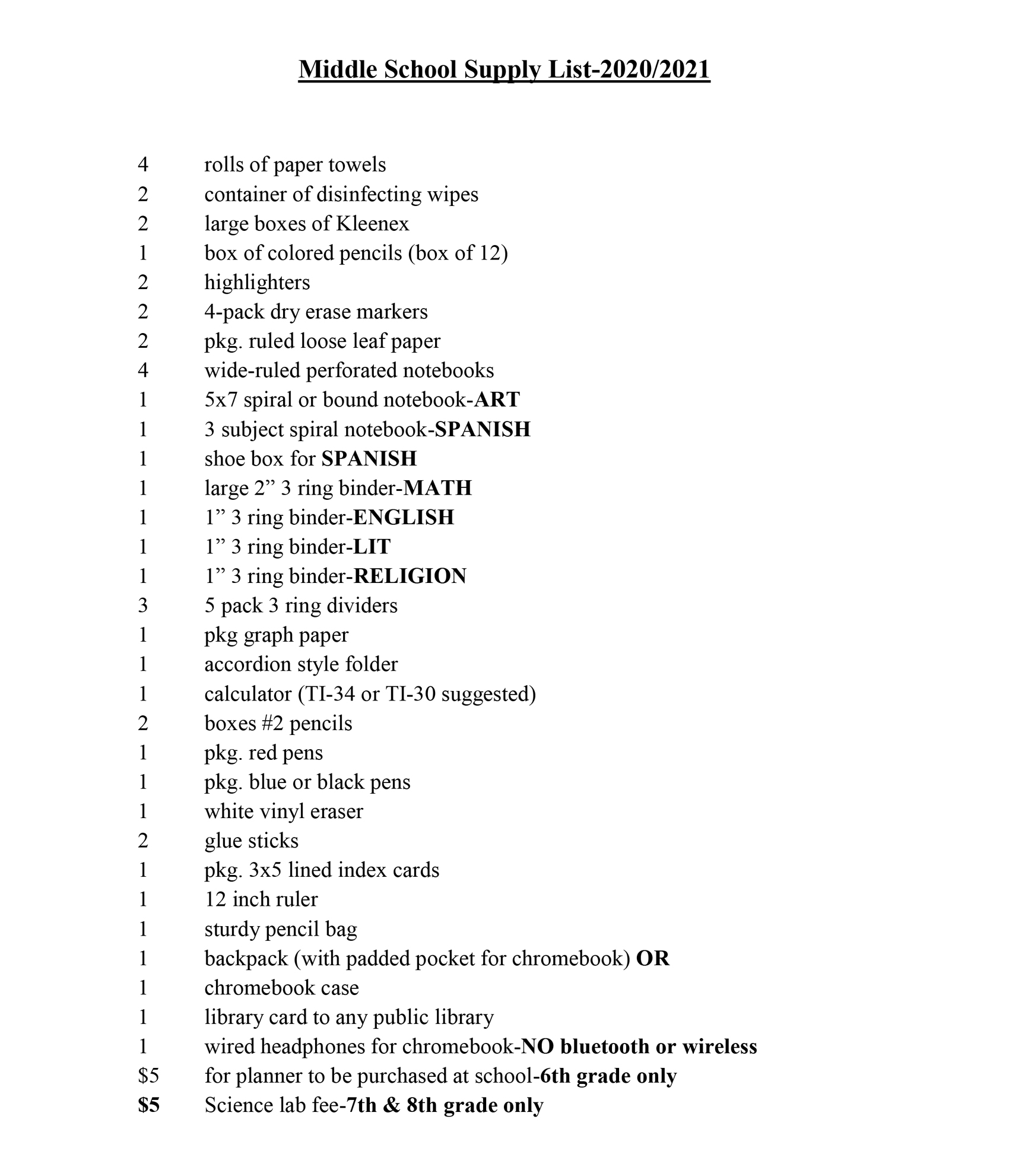 Holy Cross Academy Middle School Supply Lists