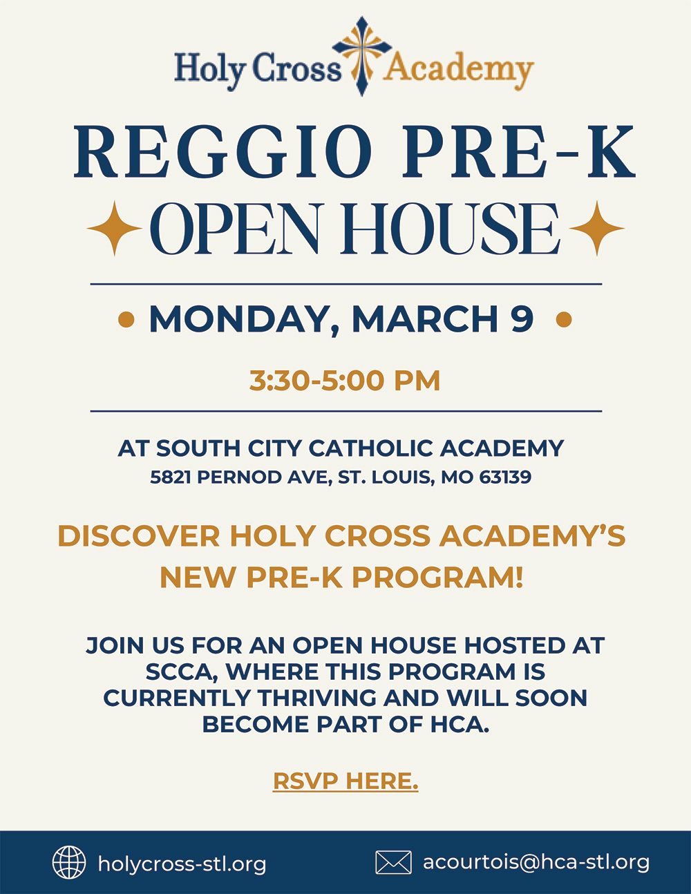 Linked Image of Flyer with text reading 'Reggio Pre-K Open House, Monday March 9th, 3:30-5:00pm. RSVP Here.'